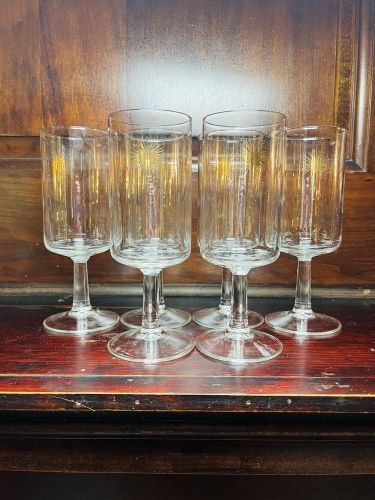 Mid Century Modern 60’s Atomic Starburst Footed Glasses Set Of 6