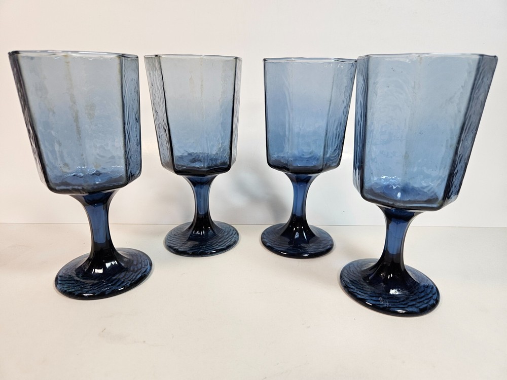 4 Libbey Dusky Blue Octagon Wine & Water Goblets Set