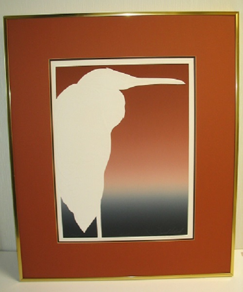Large Signed David Allgood White Crane Embossed Serigraph Art 36.5 X 30.5 In