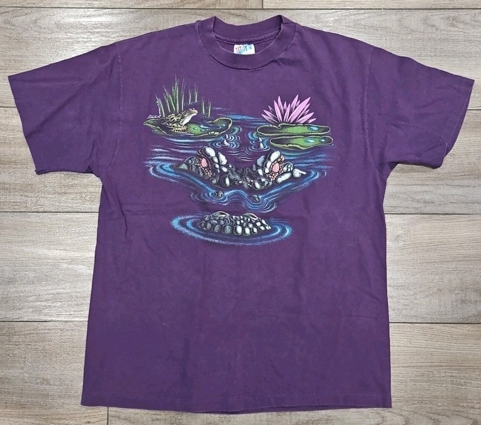 Vintage Hanes Beefy T-Shirt 90s Single Stitch Men’s Alligator & Frog Graphic LG