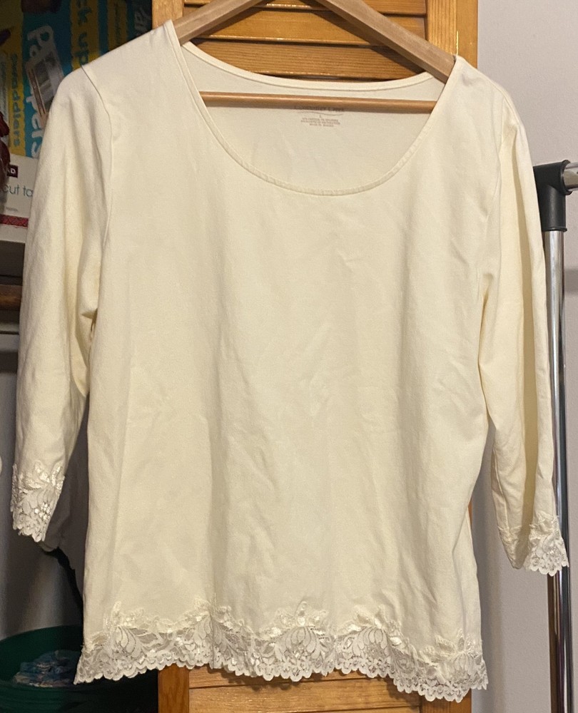 COLDWATER CREEK Ivory Lace Trim 3/4 Sleeve Knit Top LARGE