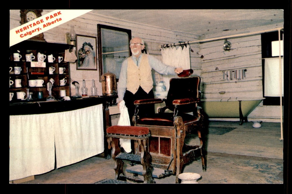 Heritage Park Calgary Alberta Canada Barbershop Barber Chair Person Postcard Unp