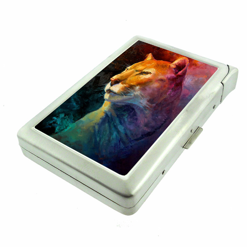 Art Animal Cougar Em1 100's Size Cigarette Case with Built in Lighter Wallet