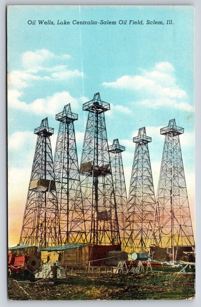Salem Illinois~Oil Wells @ Lake Centralia-Salem Field~PM 1965~Vtg Linen Postcard