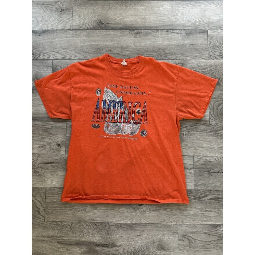 Vintage Men’s XL Orange Short Sleeve T Shirt America One Nation Under God