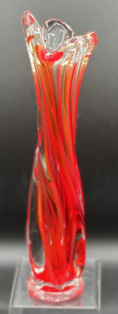 Vintage Stretch Swung 3 Finger Art Glass Bud Vase Red and Clear 9