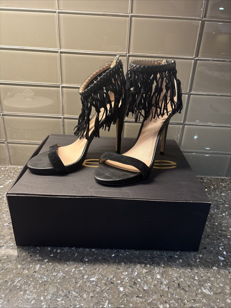 Bebe Charismaa Black Fringe Strap Heel, Size 7 Lightly Used