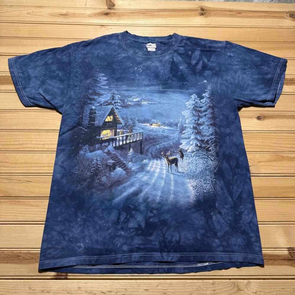 Vintage Y2K The Mountain Winter Snow Deer Cabin Tie Dye T-Shirt - Size Large