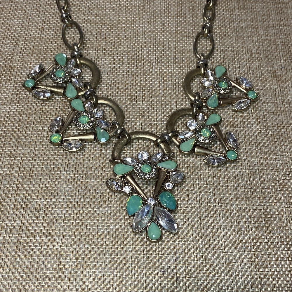 Statement J.Crew Aqua Green & Clear Crystal Gold Tone Necklace