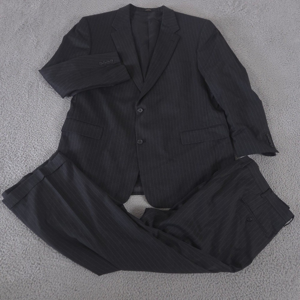 Hart Schaffner Marx 2-Piece Suit Mens 48R Pants 48x29 Pinstripe Gold Trumpeter