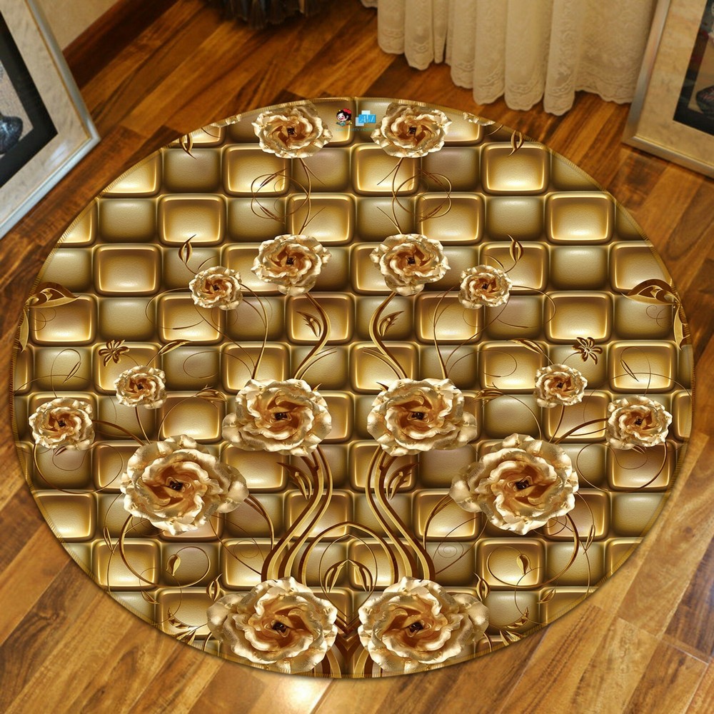 3D Golden Flower Round NAO9968 Elegant Game Photo Carpet Mat