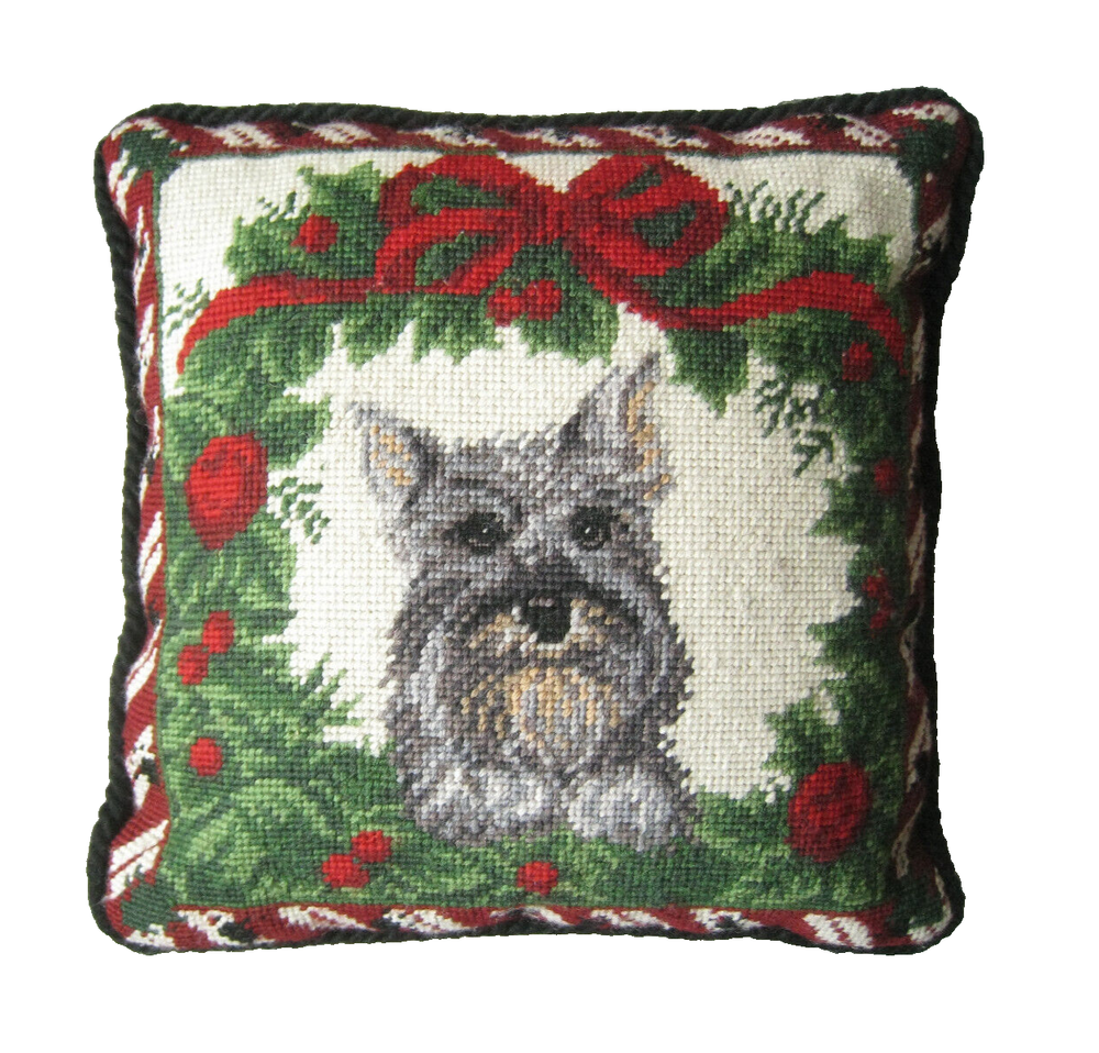 Needlepoint Christmas Wreath Yorkie Pillow Cushion Yorkshire Terrier Accent-image