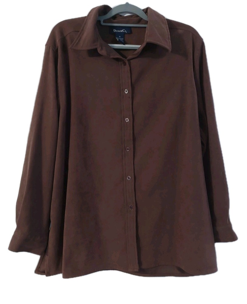 Denim & Co Womens Shirt Size 1X Brown Faux Sueded Button Up Long Sleeve
