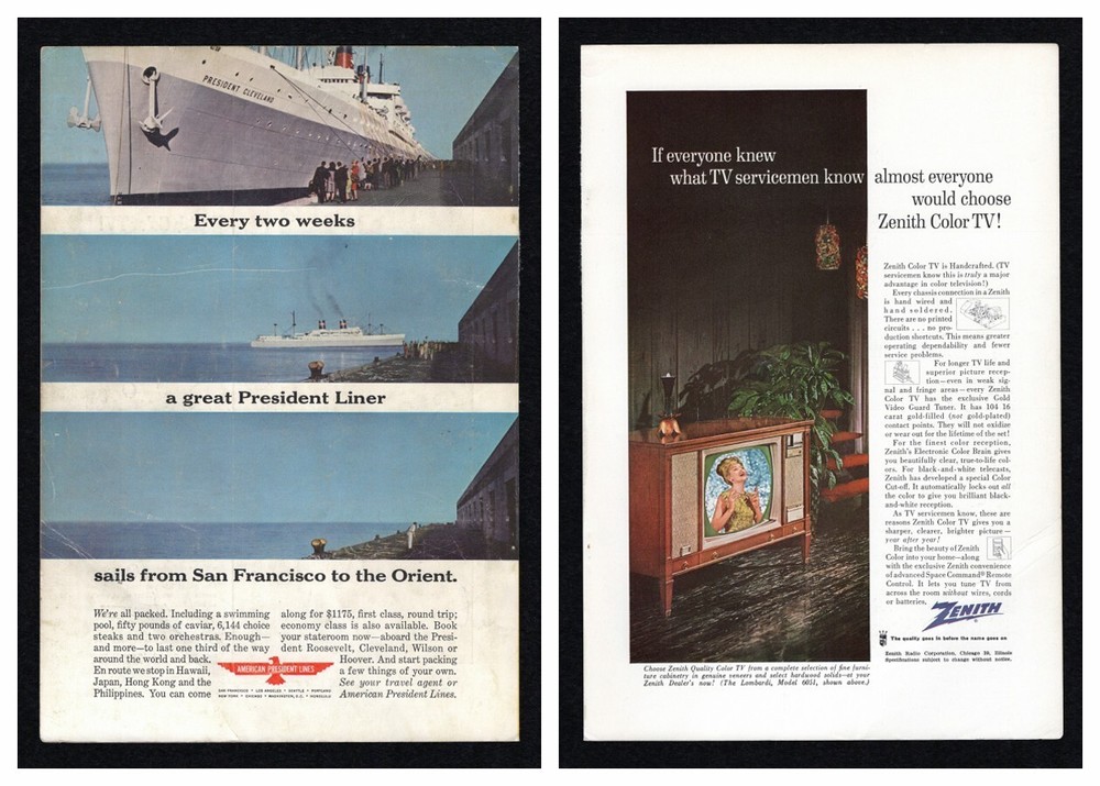 1963 American President Line Ship Travel / Zenith Color TV Hand Crafted Print Ad