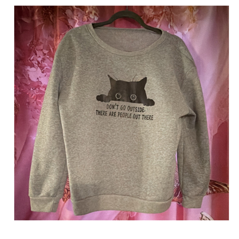 SHEIN Pullover Sweatshirt Gray Cat Graphic Women's L 100% Polyester
