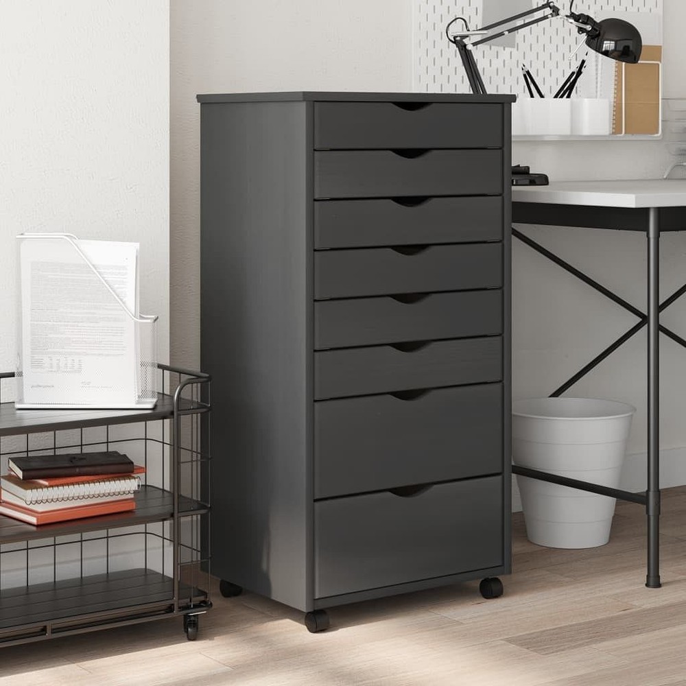 vidaXL Moss Gray Pine Rolling Cabinet with Drawers for Storage