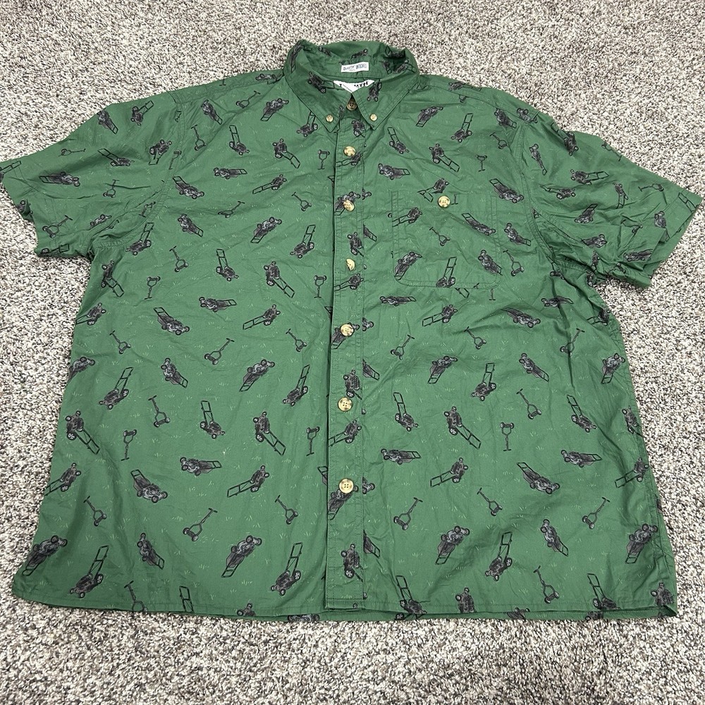 Duluth Trading Men's BBQ Relaxed Fit Shirt Men XL Green Lawn Mower AOP Untucked