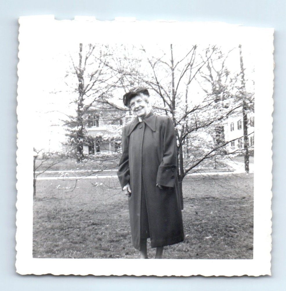 Old Vintage Square Photo SOLO OLDER ELDERLY WOMAN COAT HAT IN YARD HOUSE