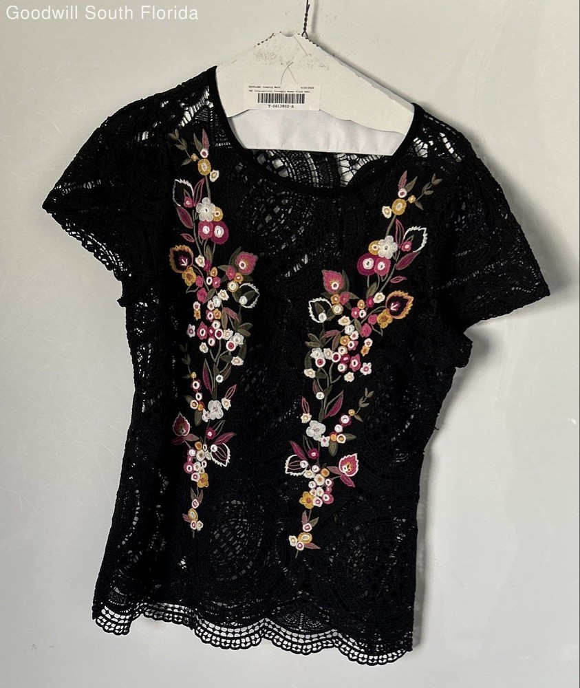 INC International Concepts Womens Black Floral Embroidered Blouse Top Size XL