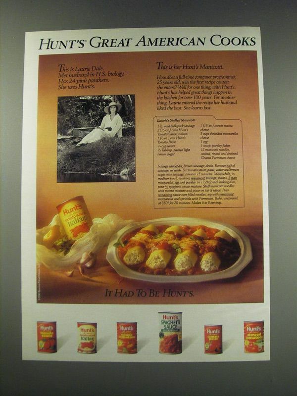 1991 Hunt's Tomato Sauce, Italian Ad - recipe for Laurie's Stuffed Manicotti