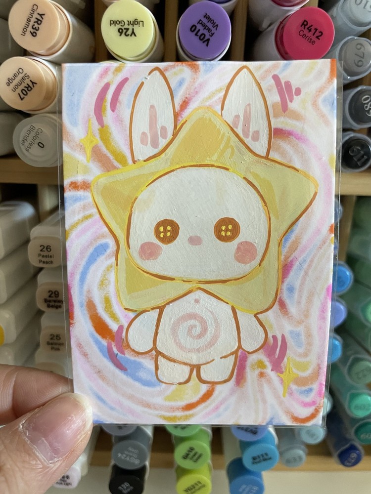 ACEO Original Art Card Cute Star Bunny with Button Eyes and Abstract Background-image
