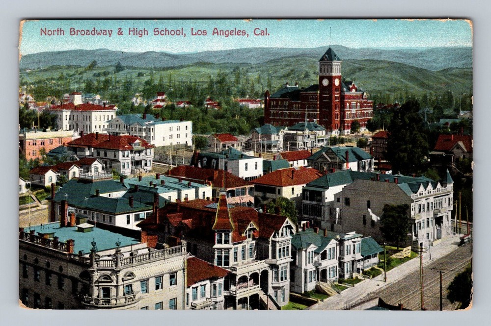 Los Angeles CA-California North Broadway And High School Vintage Postcard Card