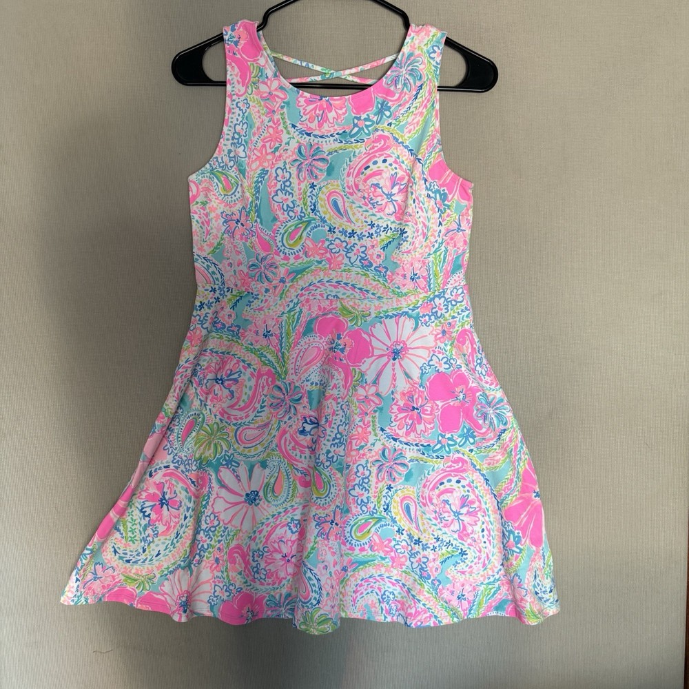 Lilly Pulitzer Girls 14 Carice Dress Flock Full of Fun Floral Pink Blue Stretch