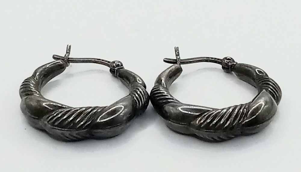 Vintage Sterling Silver Puffy Textured Hoop Pierced Earrings, Door Knocker Style