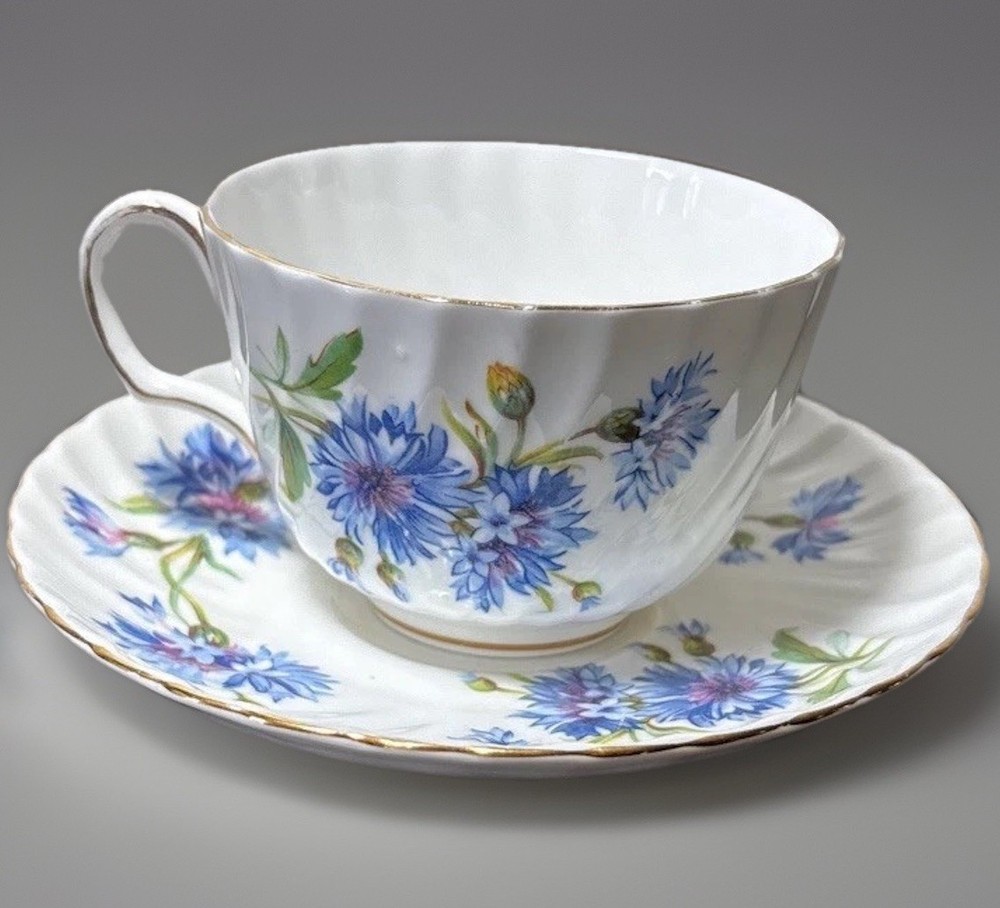 Vintage Adderley Bone China Teacup Saucer England Blue Floral Gold Trim