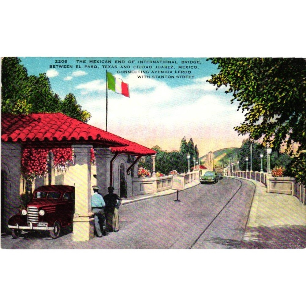 Vintage International Bridge Postcard El Paso Texas Ciudad Juarez Mexico Linen