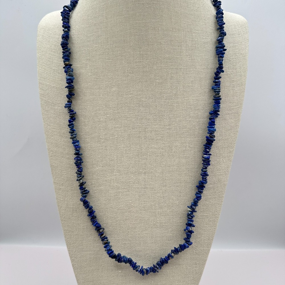 Vintage 90s Lapis Lazuli Chip Necklace Blue Natural Stone Boho Statement Jewelry