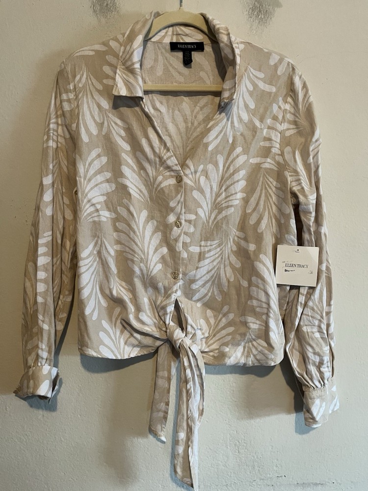 Ellen Tracy NEW Linen Blend Long Sleeve Button Up Tie Front Blouse Medium