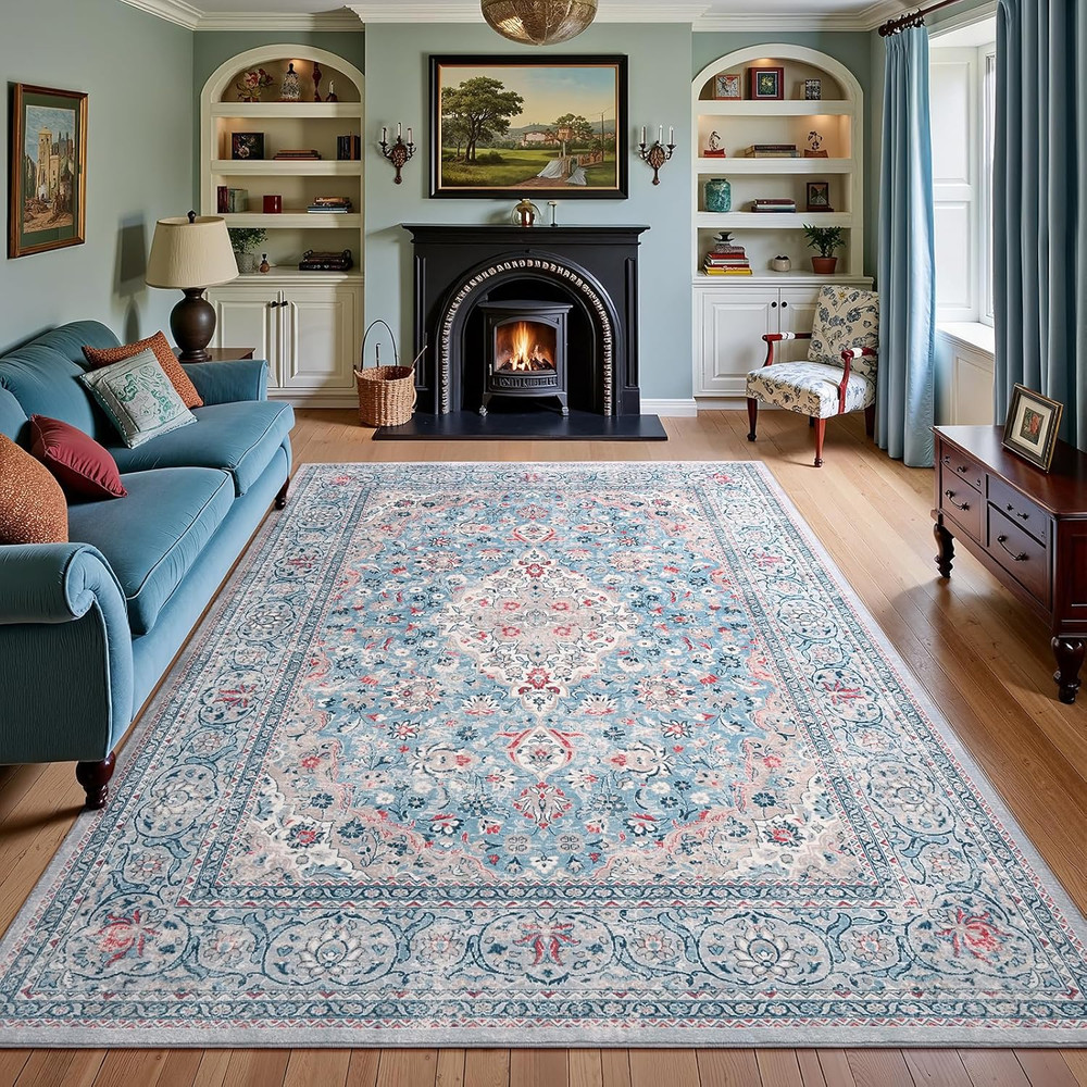 5X7 Blue Washable Boho Area Rug for Bedroom, Vintage Floral Non Slip Living Room