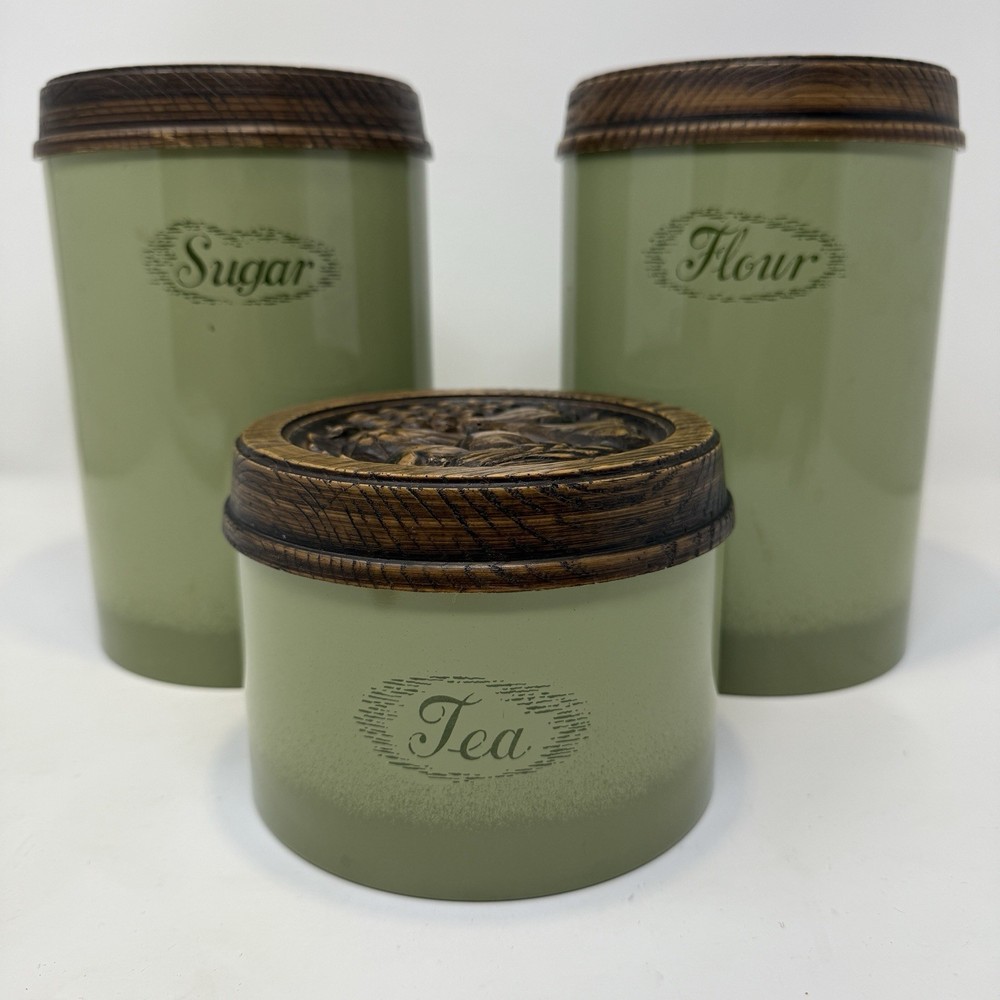Vintage Burlington Avocado Green Metal Kitchen Canisters Set Of 3 Sage Retro