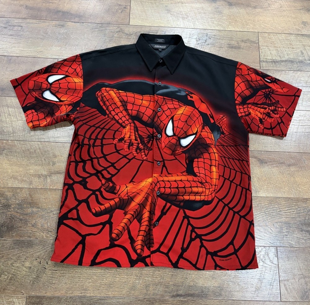 Vintage Marvel Spiderman AOP Graphic Button Up Shirt Red Large 2001