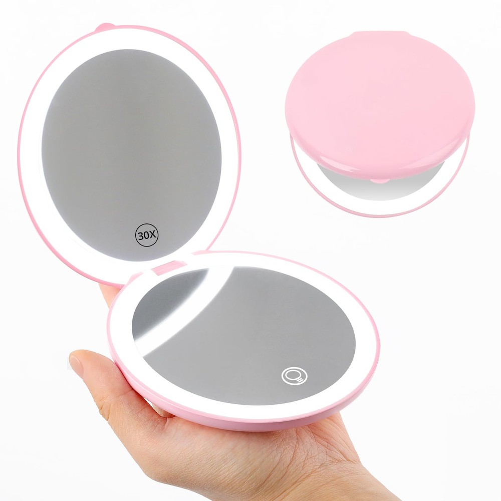 30x Magnifying Travel Mirror with LED Light - Compact Folding Makeup Mirror 1x/30x Dual-Sided