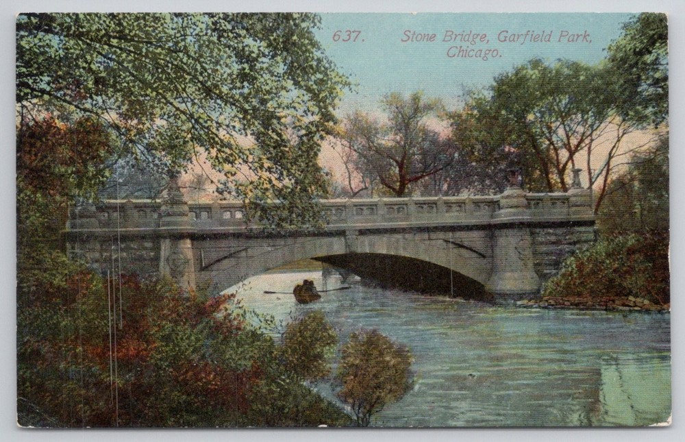 Stone Bridge Garfield Park Chicago Postcard Acmegraph Co Early 1900s Rowboat