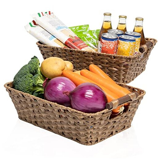 Wicker Baskets 2 Pack, Washable Big Wicker Baskets for Storage with Wooden