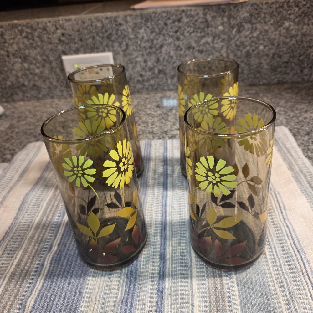 Vintage Libbey Tawny Smoke Glass Tumblers - Set of 4 - Yellow Daisy Floral 1970s