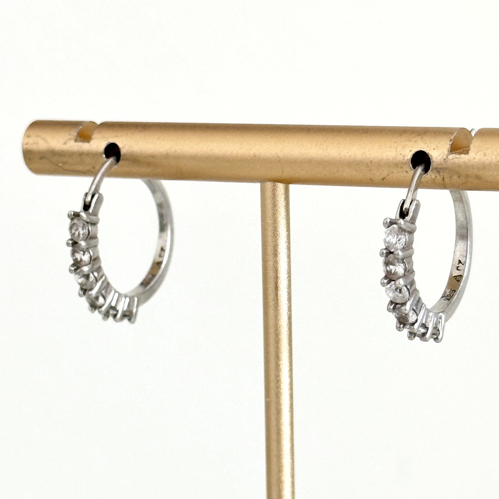 925 Sterling Silver Clear Vintage Clear CZ Ladies Small Huggie Hoop Earrings