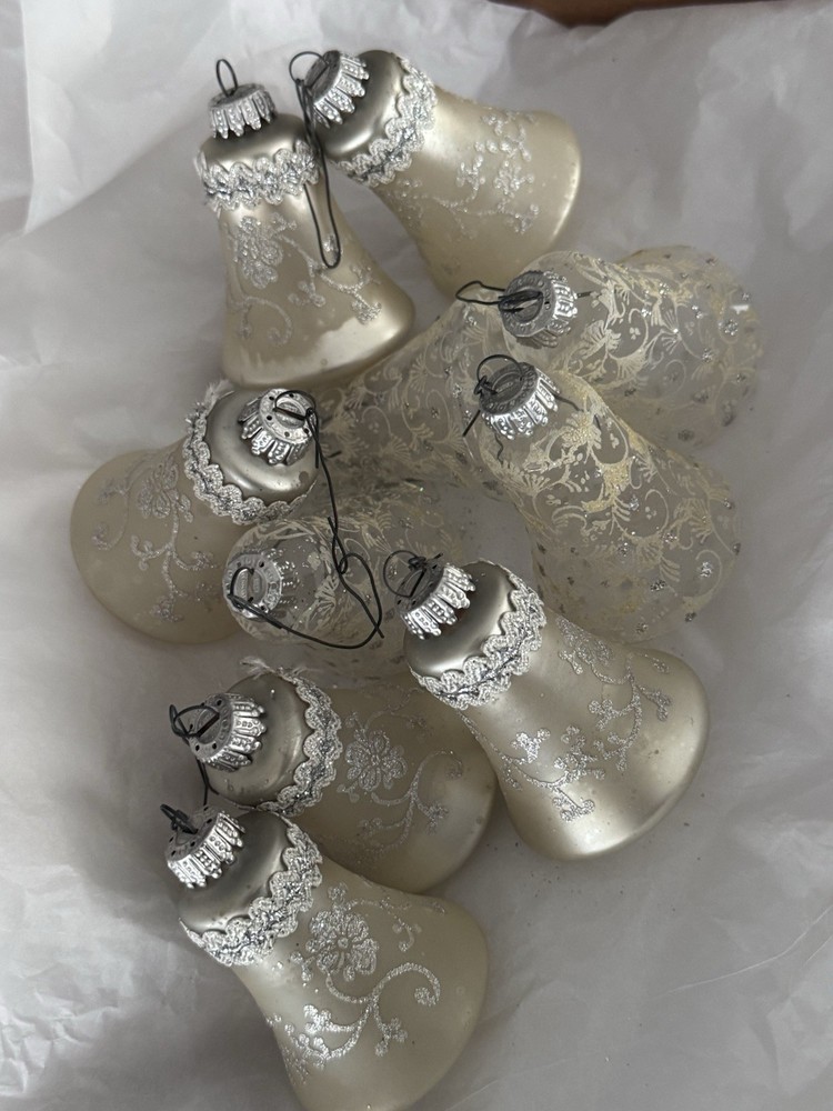 10 Vintage Glass Mica Glitter Bell Christmas Ornament West Germany Silver Clear