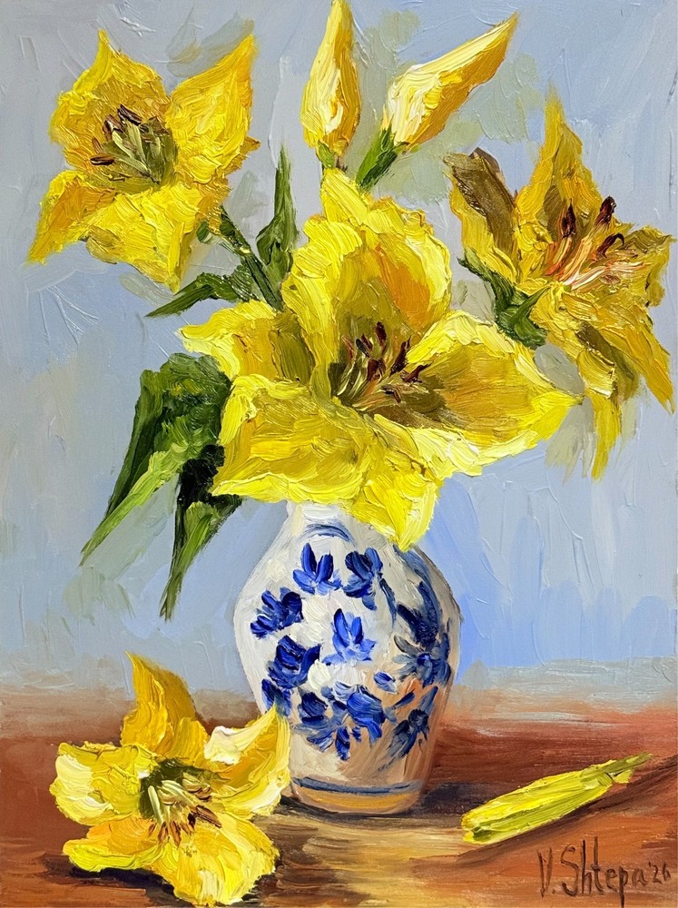 Original Oil Painting Yellow Lilies Flowers Still life Vintage Vase Art 8x10 in
