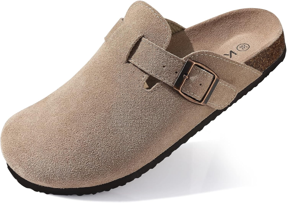 Genuine Suede Clogs for Women Cork Footbed Sandals Leather Mules Potato Shoes wi