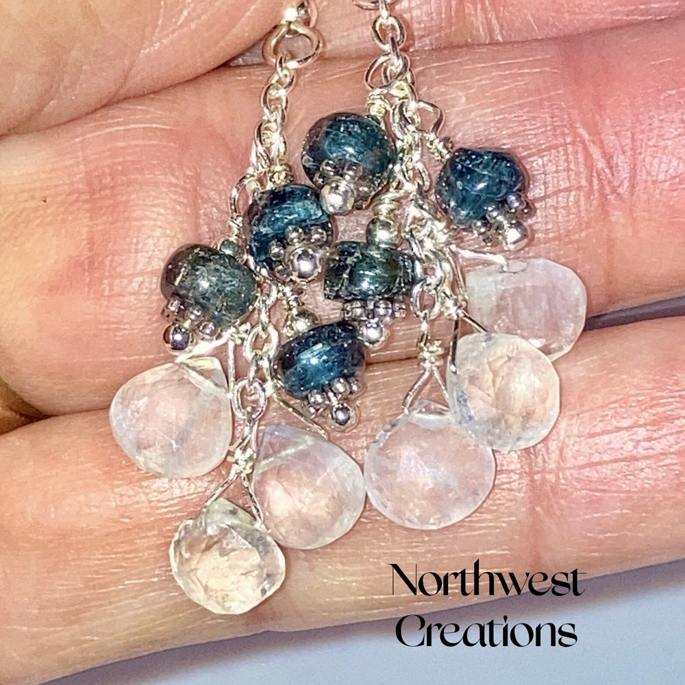 Moonstone, Blue Kyanite Gemstone Cluster Earrings, Blue Gemstone Earrings. Gift