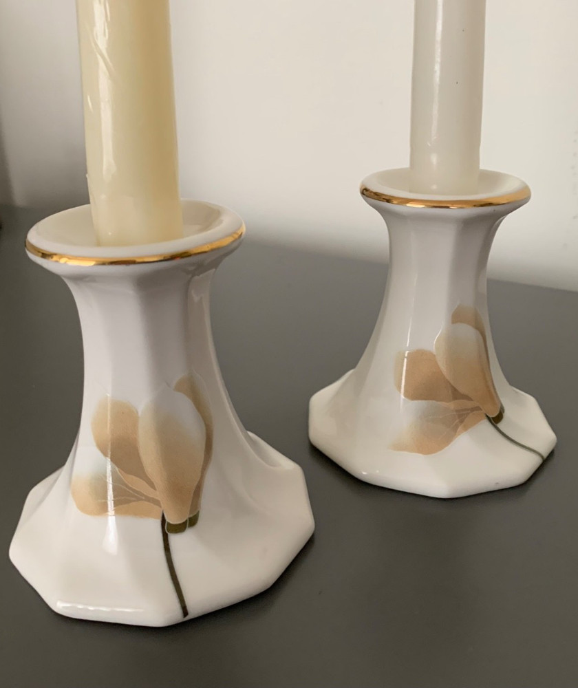 Vintage TOYO Japan Porcelain Candle Holders Pair Floral Gold Trim