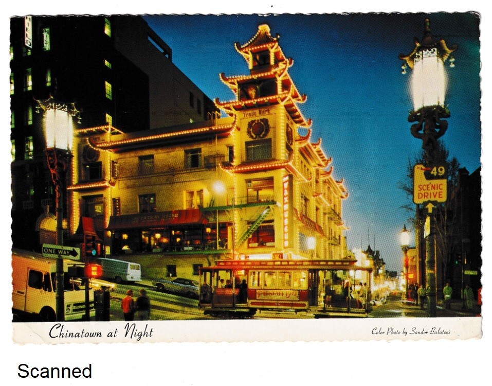 San Francisco CA Chinatown After Dark at Night View Street Car Vtg Postcard