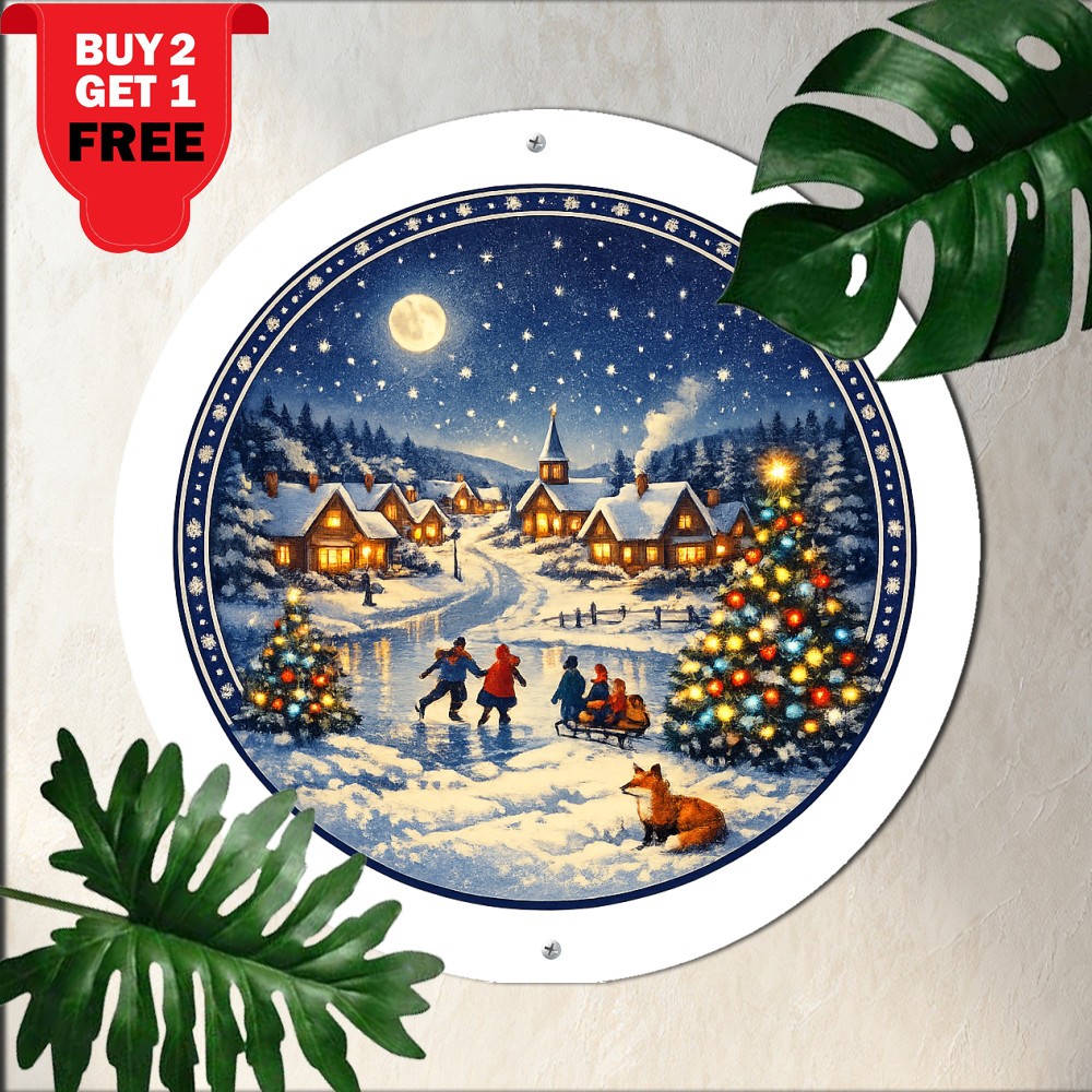 Christmas Village Winter Snow Scene Round Plate Aluminum Tin Metal Sign Holiday