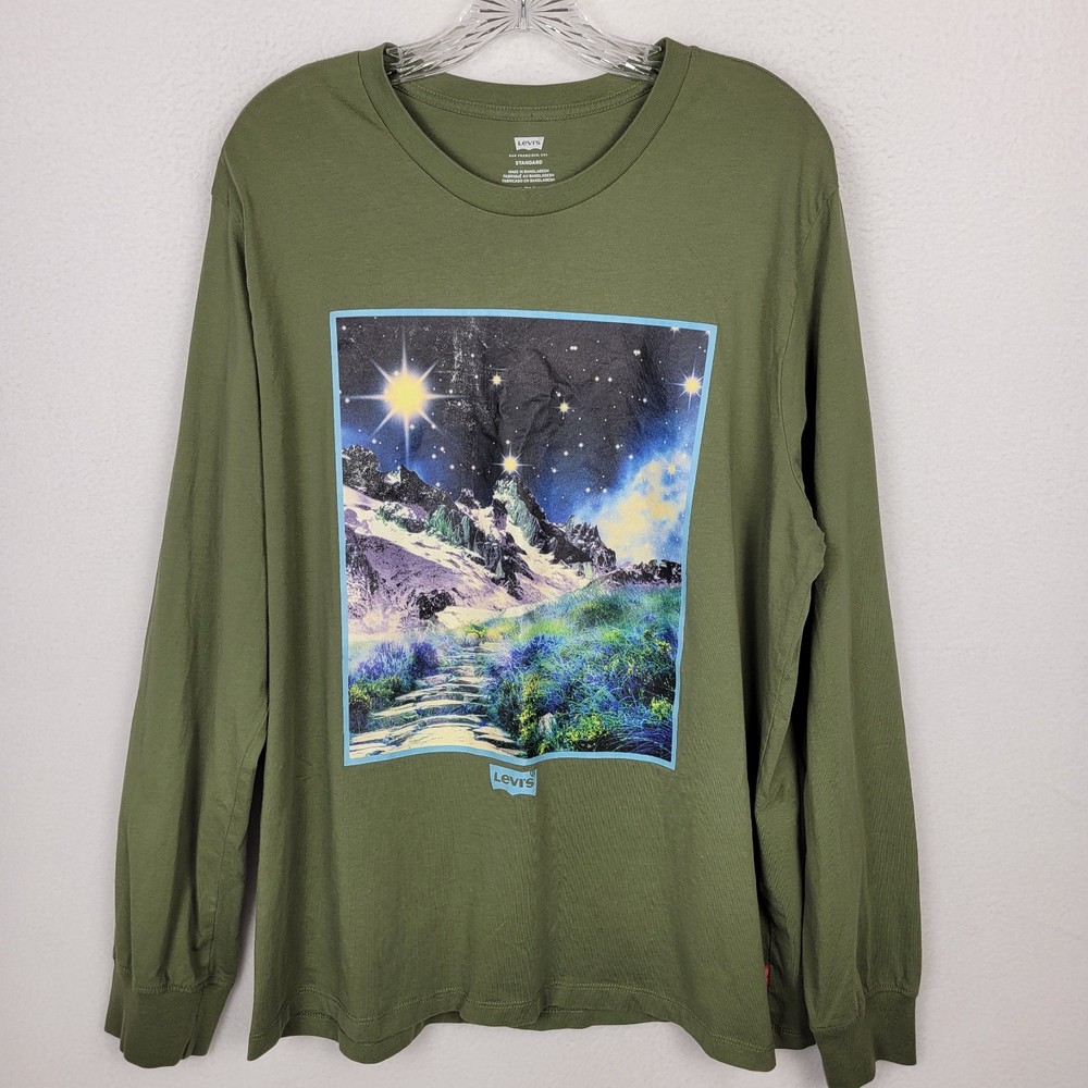 Levi’s Graphic Long Sleeve T-Shirt Men’s XL Olive Green Psychedelic Scenic Print