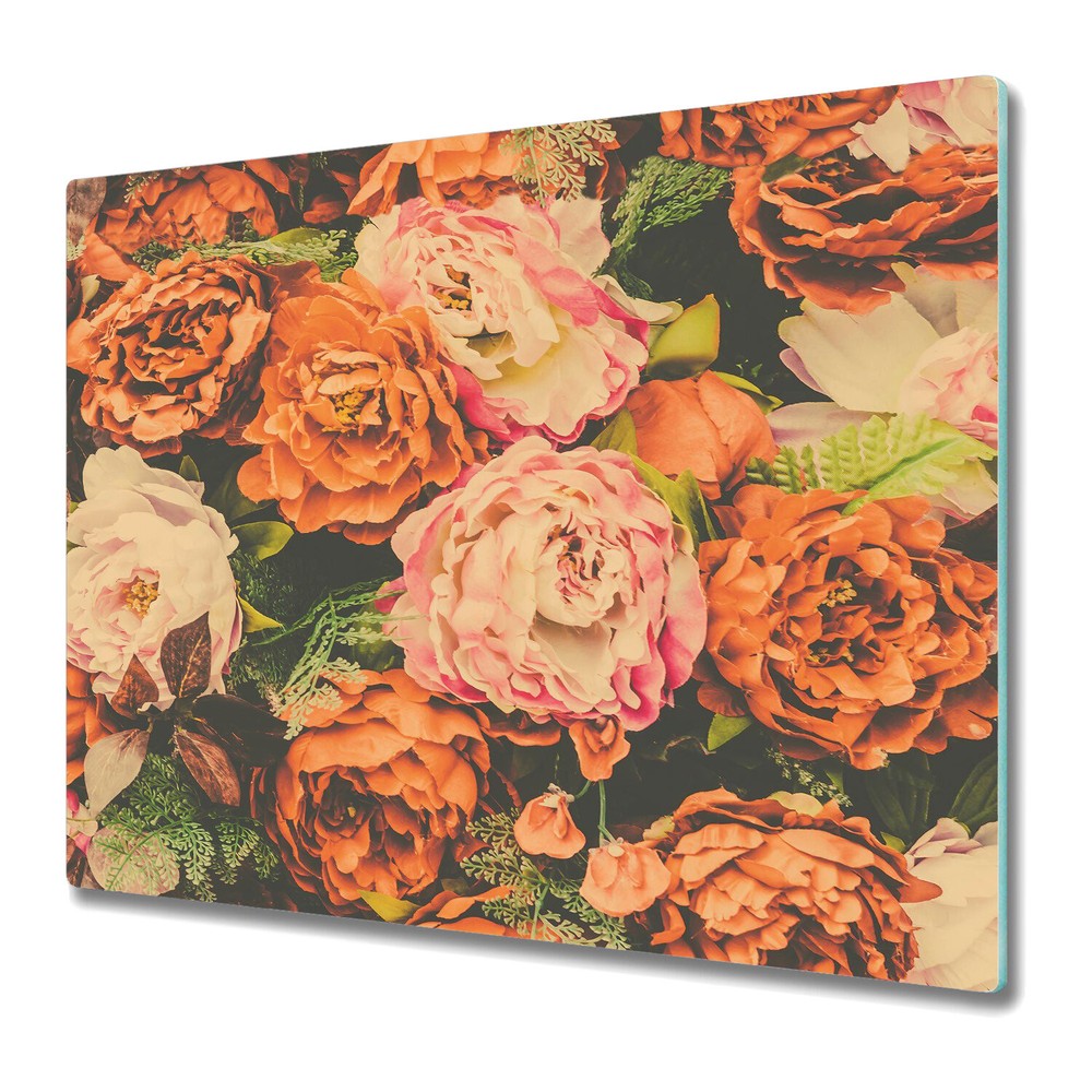 Glass Kitchen Chopping Cutting Board Floral garden pastel orange 60x52