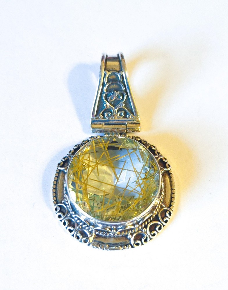 Vintage Large Sterling Silver Golden Rutilated Quartz Pendant